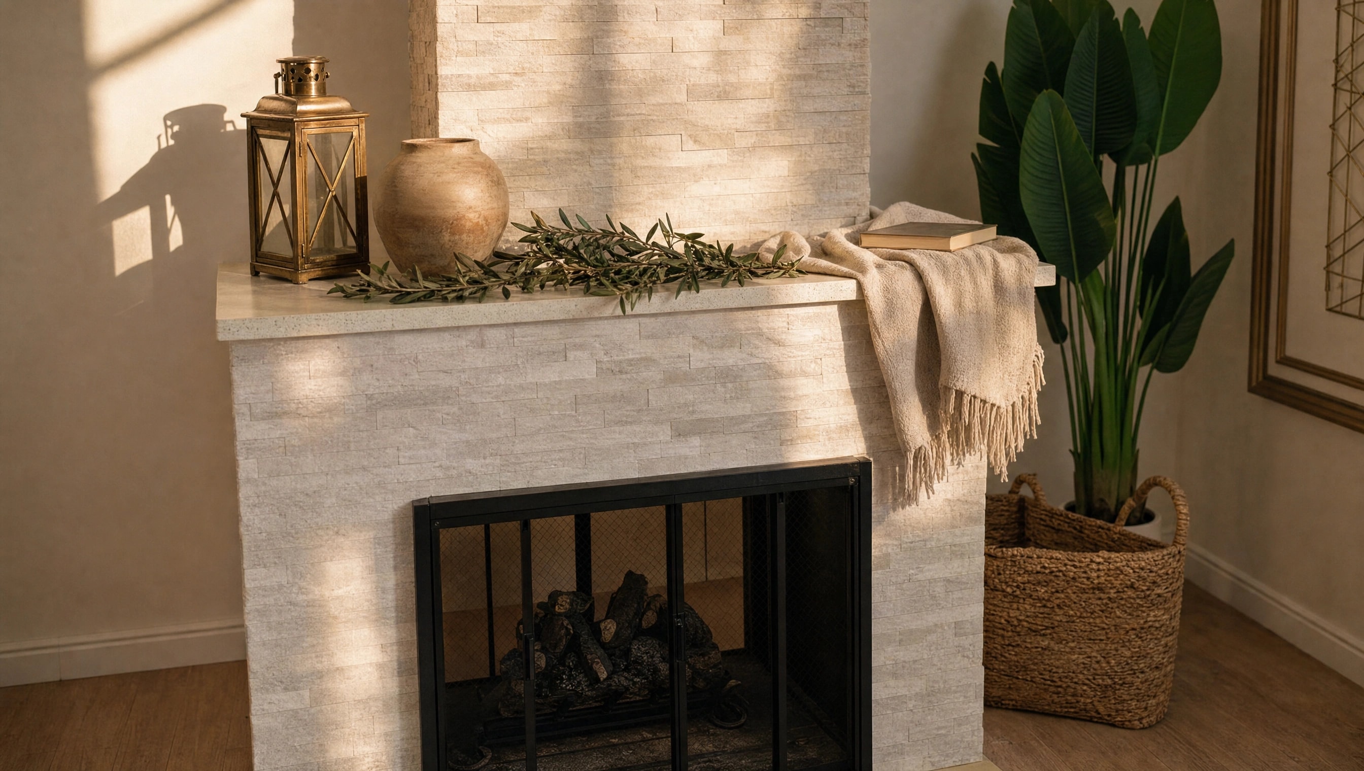 Sunlit fireplace and greenery