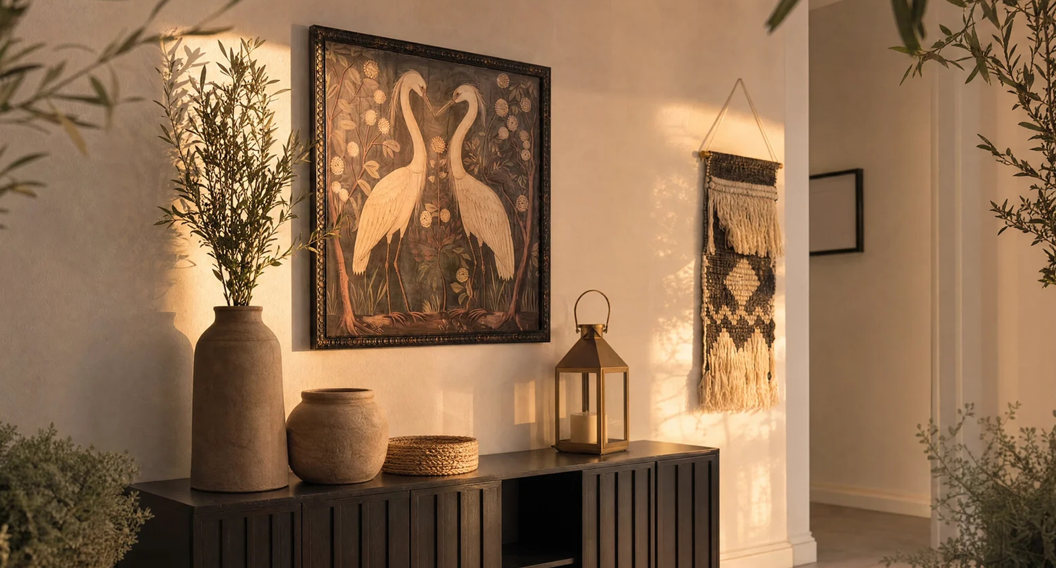 A sunlit entryway with framed crane artwork, ceramic vessels, and greenery.