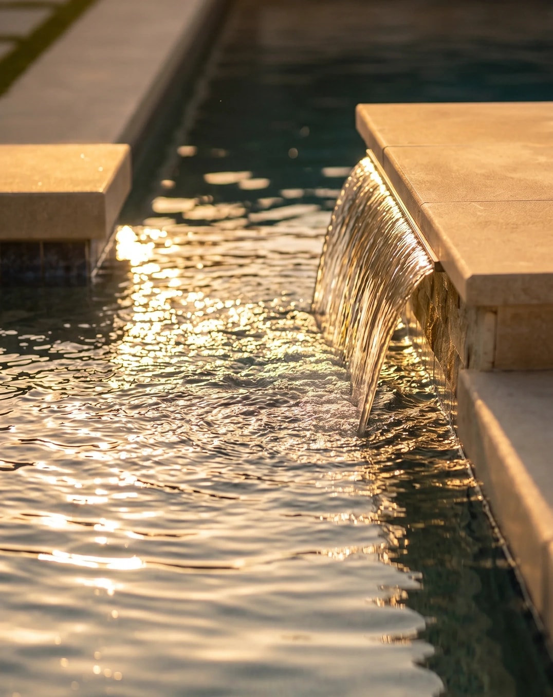Sunlight reflecting on a pool beside a small stone waterfall.